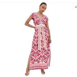 Figue Isolda Printed Short Sleeve Maxi Dress Womans Sz 2 100% Silk Pink V Neck